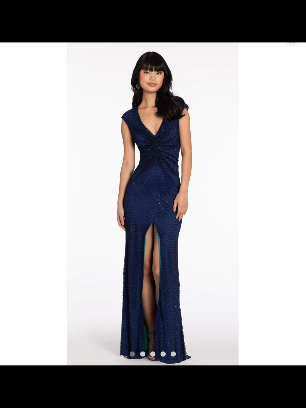 Navy V-Neck Cap-Sleeve Prom Gown with Front Slit